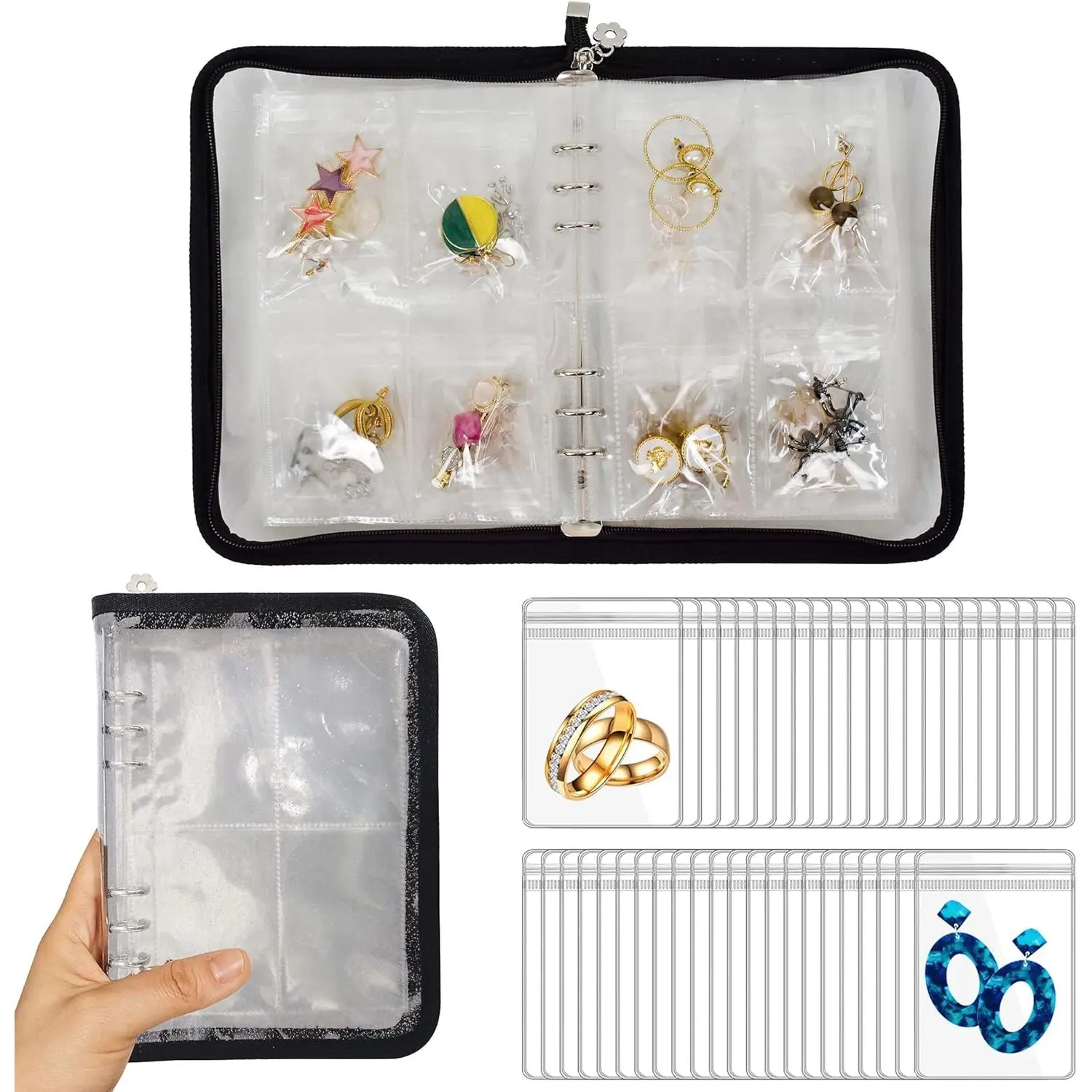 A Set of 91/75 Pcs Earring Organizer Case,Travel Jewelry Organizer,Transparent Jewelry Storage Book for Necklace Bracelet Ring Holder with Small Clear Zippered Pouch,Halloween Christmas Party Fathersdaygift,Hand Tools Kits
