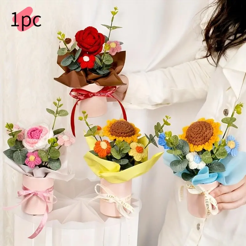 Crochet Flower Bouquet, 1 Count Artificial Flower Bouquet, Desktop Decoration for Home Living Room Bedroom Dining Room, Gift for Girlfriend, Mother, Friend, Artificial Sunflower