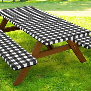 Rectangular Grid Table Cover Set, Vinyl Waterproof Oil-Resistant Easy-Clean, Non-Slip Tablecloth with Rubber Bands, Ideal for Indoor Outdoor Events