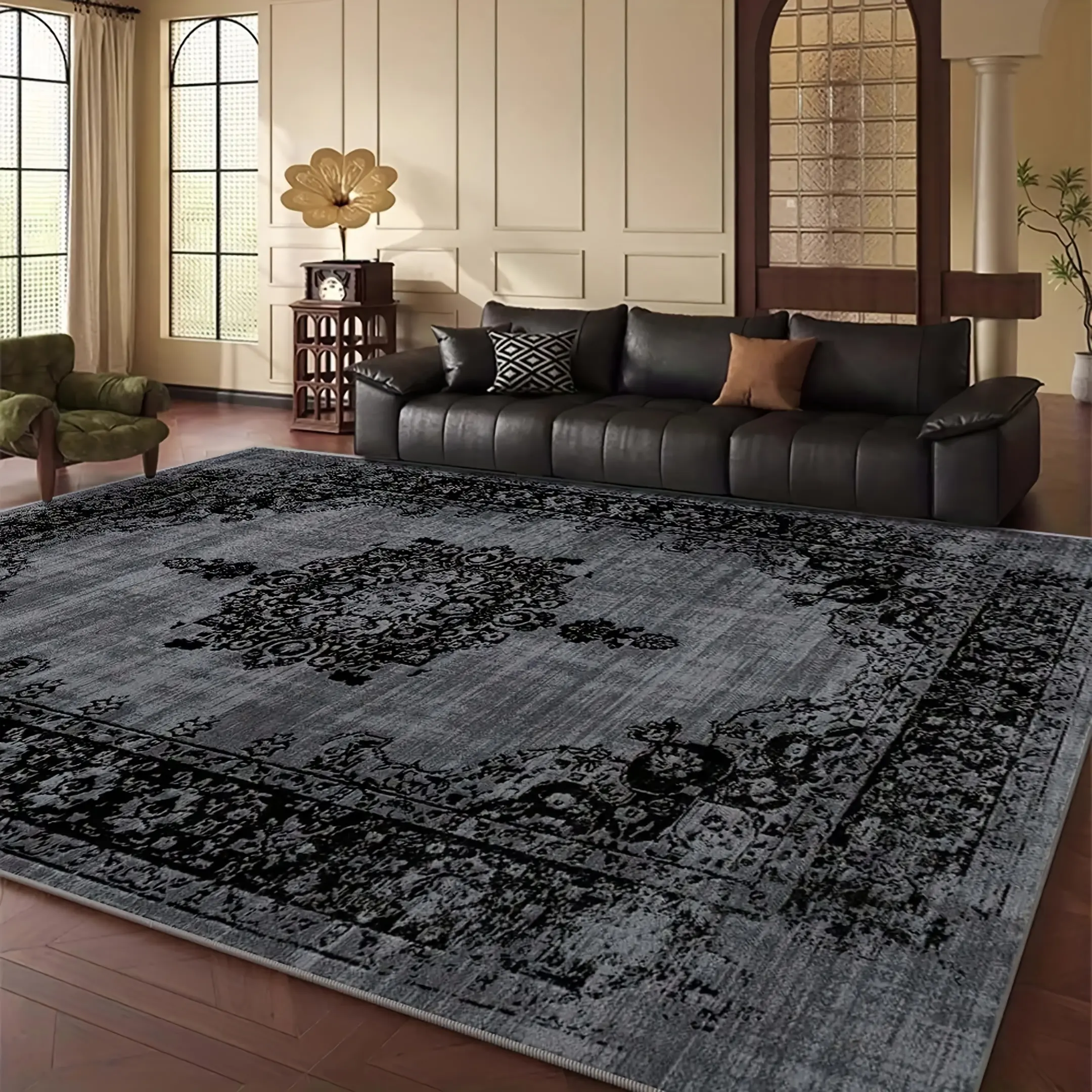 Vintage luxurious patterned rug, large area mat with an aged oriental design, classic retro home decor carpet, suitable for living rooms, bedrooms, and office interiors, gray-black tones
