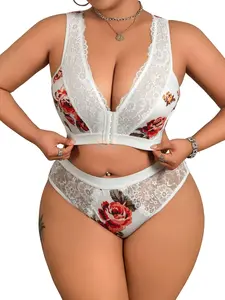Plus Size Sexy Lingerie Set, Pure Desire Sleepwear, Elegant Bra Set, Ditsy Floral Pattern, Fitted, High Waist, All Seasons