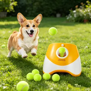 Automatic Tennis Ball Launcher for Dogs, Interactive Dog Toy with 6 Tennis Balls, Adjustable Launch Distance, Auto Ball Thrower for Small to Medium Dogs