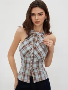 Cider Stand Collar Plaid Ruched Split Top
