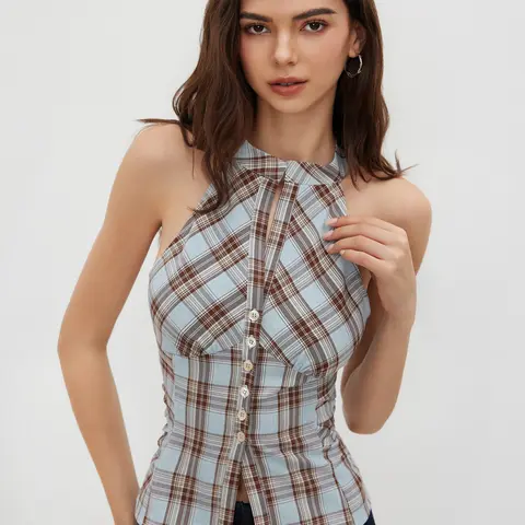 Cider Stand Collar Plaid Ruched Split Top