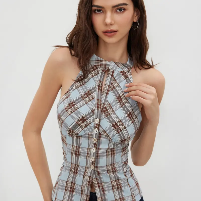 Cider Stand Collar Plaid Ruched Split Top