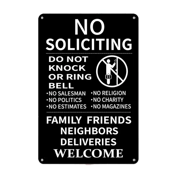 8x12 Inches Rectangular Aluminium Metal No Soliciting Sign for Home Front Door - Do Not Knock/Ring Doorbell, Welcomes Family Friends & Deliveries, Prohibits Non-Silicated Solicitors, Easy-Install Home Decor Metal Signs for Managing Visitors, Signage, Dail