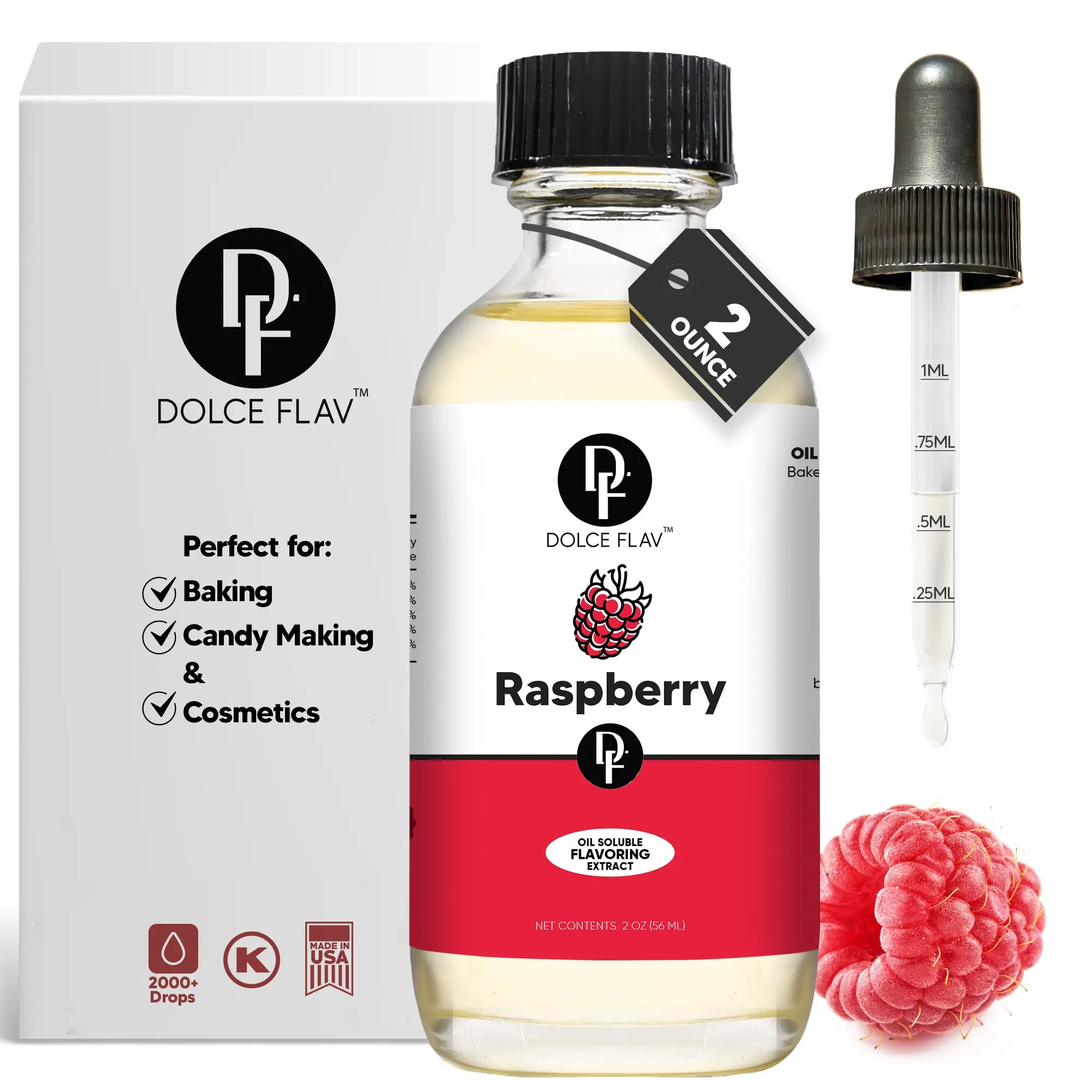DOLCE FLAV Raspberry Flavoring Extract (Oil-Soluble) 2 oz - Sweet Fruity Tangy Finish - Ideal for Baking Candy Cosmetics - Dye-Free Alcohol-Free - 2000+ Drops - Accurate Dropper Included
