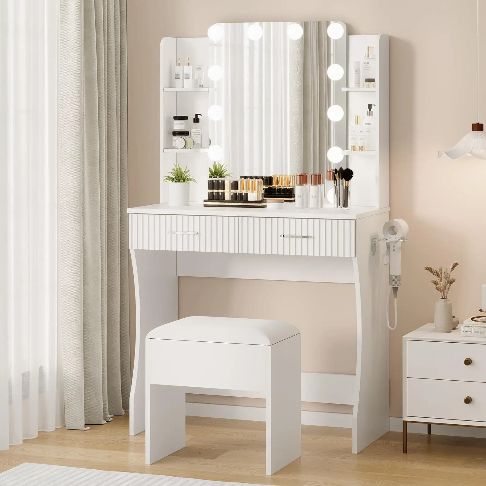💡 Vanity Desk with Lighted Mirror – 2 Sliding Drawers, 3-Tier Open Shelves, Hair Dryer Holder & Stool – Complete Makeup Station for Bedroom! ✨, Vanity With Lights, Led Vanity Table