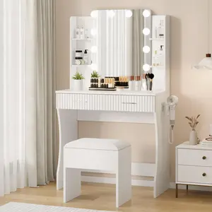 💡 Vanity Desk with Lighted Mirror – 2 Sliding Drawers, 3-Tier Open Shelves, Hair Dryer Holder & Stool – Complete Makeup Station for Bedroom! ✨