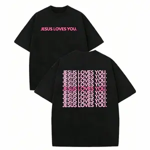 Funny printed T-shirt Jesus Loves You Pink Retro Graphic Tee Christian FaithApparel Minimalist Religious Quote T-Shirt Casual DailyWear Church Outfit Trendy Spiritual Top for Women