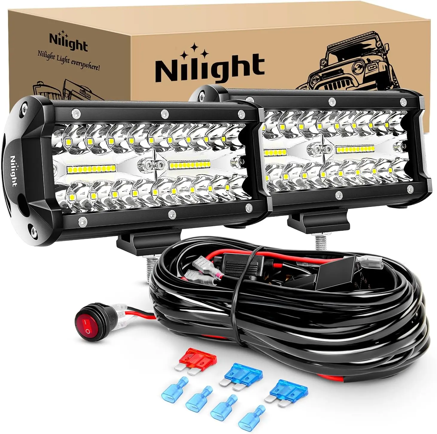 Nilight ZH303 Super Bright LED Lightbar - 2PCS 6.5-Inch 120W Spot & Flood Combo LED Work Lights, 16AWG Wiring Harness Included, for Trucks, Offroad Vehicles