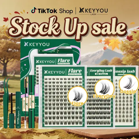 KEYYOU Flare EveryDay Lash Clusters Kit DD Curl Natural Lashes 8-18mix Fluffy Lash Extensions, Ultra-Thin Soft Band Waterproof Wispy Flare Cluster Lashes #September Stock Up