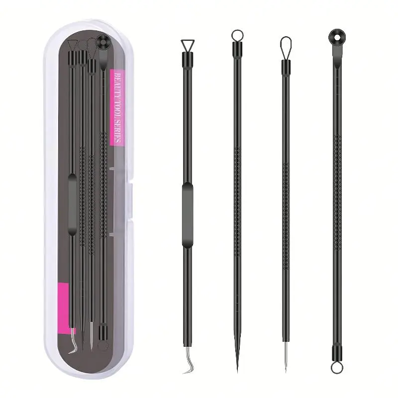 Acne Care Tool Set, 4 Counts/set Stainless Steel Blackhead Extractor Tool, Acne Needle Tool, Blackhead Remover Tool, Professional Facial Skin Care Tools for Women & Men, Pore Removal, Blackhead Cleansing Tool, Home Beauty Tool