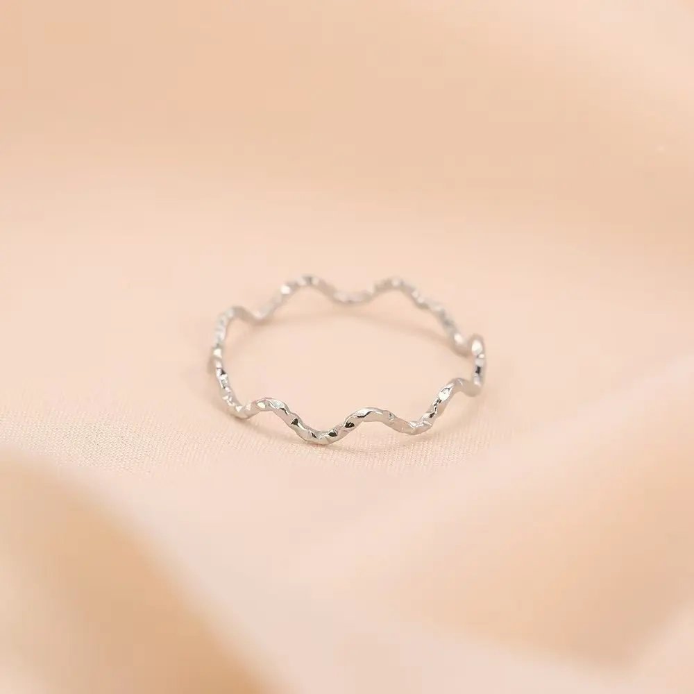 [NB] Women's 925 Sterling Silver Plated 1mm Ultra-Thin Wavy Twist Band Ring - Hammered Diamond-Cut, Stackable Dainty Minimalist Pinkie Knuckle Midi, Hypoallergenic Tarnish Proof Jewelry, Ideal for Everyday Wear