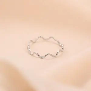 [NB] 925 Sterling Silver Plated Tarnish-Free Hypoallergenic 1mm Ultra-Thin Wavy Ring, Hammered Diamond-Cut Twist Stackable Band, Dainty Minimalist Pinkie Knuckle Midi Ring for Women, Perfect Everyday Wear & Stacking Jewelry