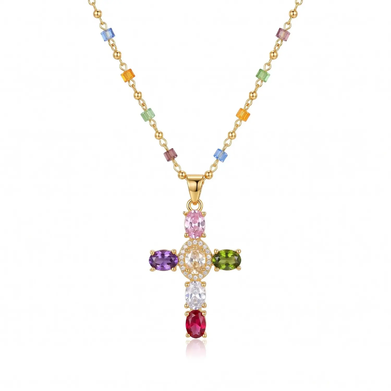 Rainbow Cross Necklace for Women, Colorful Rhinestone Pendant Necklace, Dainty Beaded Chain Y2K Vintage Jewelry, Sparkling Charm Necklace Gift