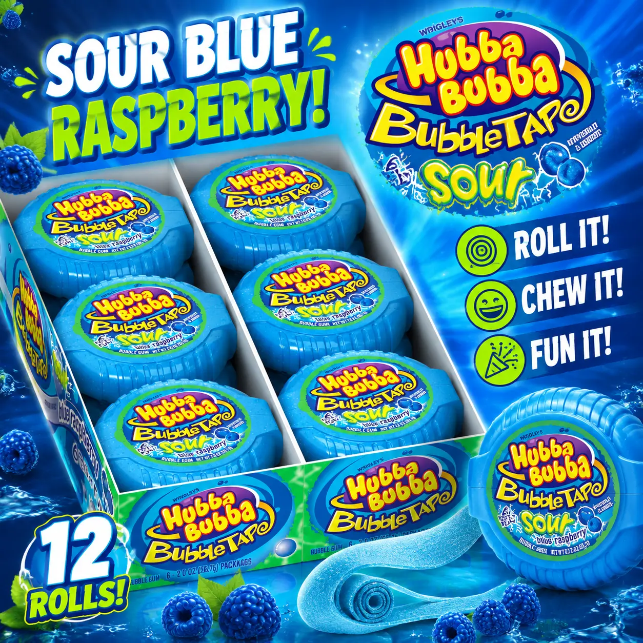 Hubba Bubba Bubble Tape Sour Blue Raspberry Gum 2 oz 12 Count  Long Roll Bubble Gum | Sour Blue Raspberry Flavor for Fun & Sharing
