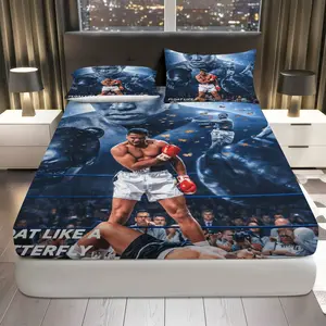 3Pcs Boxing Champion Motivational Quote Sports Fitted Sheet Three Piece Set (1*Fitted Sheet+2*Pillowcases, Coreless), Sports theme, Boxing Bedding Set, Mattress protector Soft, Breathable
