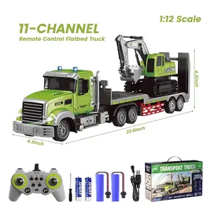 RC Semi Truck & Excavator Toy Set 1:12 Scale 2.4Ghz Remote Control Flatbed Truck with Sound Lights Green Excavator for Kids Gift