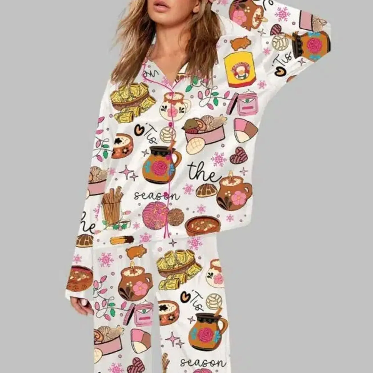 Mexican Snacks Satin Pajama Set, Colorful Food Print Button Down Sleepwear, Matching Long Pants Lounge Set for Women