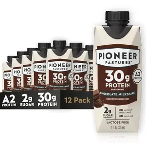 Pioneer Pastures - High Protein A2 Milkshakes - Chocolate - A2 Nutritional Milk, 30g Protein, 2g Sugar, No Artificial Sweeteners, No Seed Oils - All-Natural, Breakfast Shake, Meal Replacement, Workout - 11oz, 12 Pack