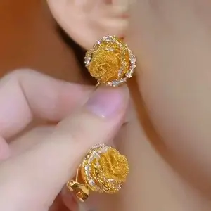 Rose Flower Earrings 14K Gold Plated Sparkling Zircon Floral Design, Chic Elegant Statement Fashion Jewelry Earrings for Women Glamour DZEH4273