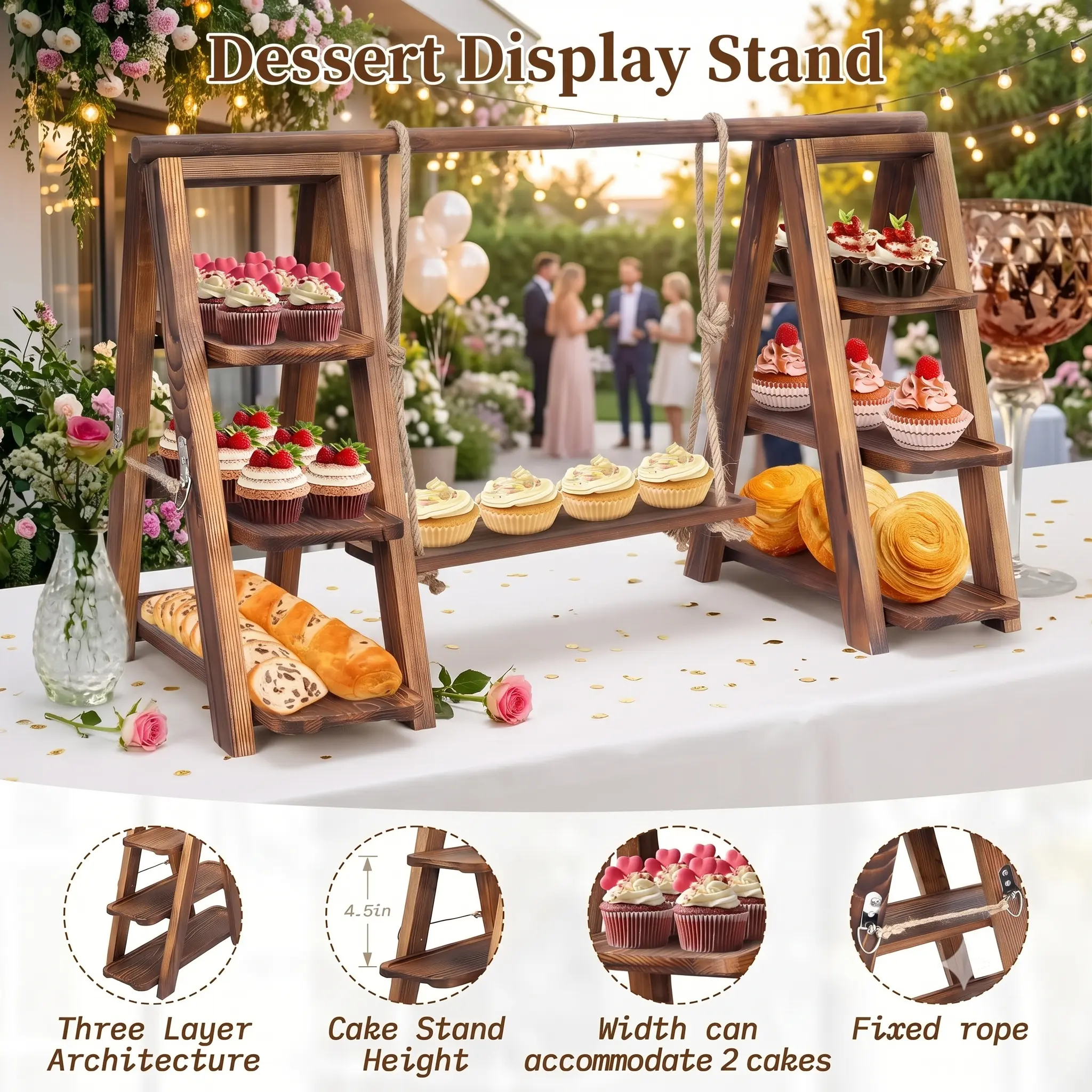 Natural Wood 3 Tier Serving Tray, Cake Stand, Bread Basket, Farmhouse Dessert Display Stand for Wedding, Party And Charcuterie