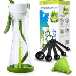 Salad Dressing Shaker Bottle with Spiral Mixer – Manual Salad Dressing Mixer, Leak Proof Oil and Vinegar Dressing Container with Measurements – Reusable BPA Free Salad Dressing Maker