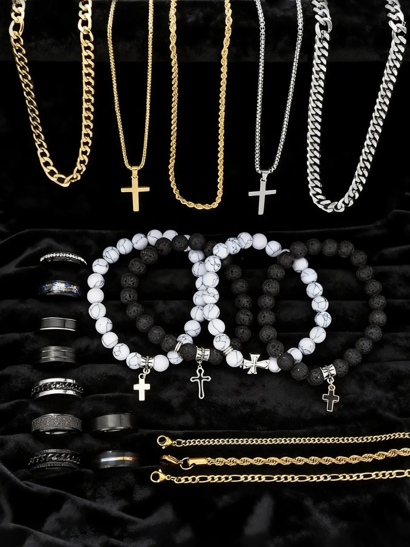 21-Piece Stainless Steel Jewelry Set for Men, Casual Punk Cross Pendant Necklace, Chain Bracelet and Ring Set, Perfect Statement Gift for Dates