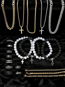 21-Piece Stainless Steel Durable Material Jewelry Set for Men, Casual Punk Cross Pendant Necklace, Chain Bracelet, Ring Set, Perfect Gift for Dates