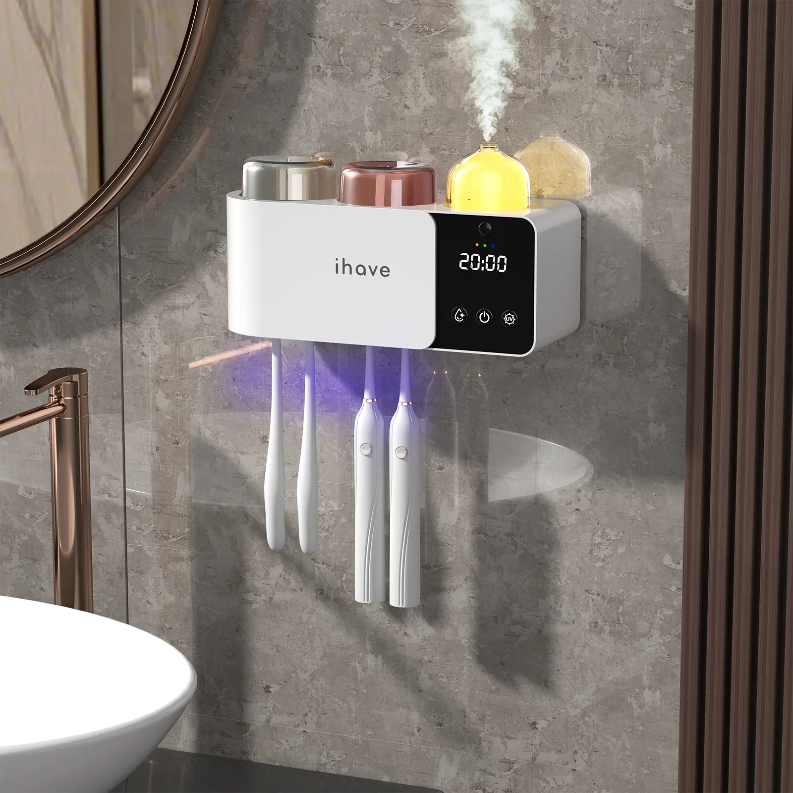 ihave Multifunctional Modern Wall-Mounted Toothbrush Holder with UV Protector, Lavender-Compatible Aromatherapy Diffuser, Turbo-Heated Drying, Night Light, Clock, Adhesive Strip, Covered Stylish Bathroom Accessory, Home Gift