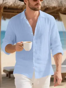 fall outfits Men's fashion season new solid-color linen Fitted long-sleeved shirt, breathable casual Tropical vacation style top, can be worn alone or as an inner layer, suitable for daily casual wear and going out