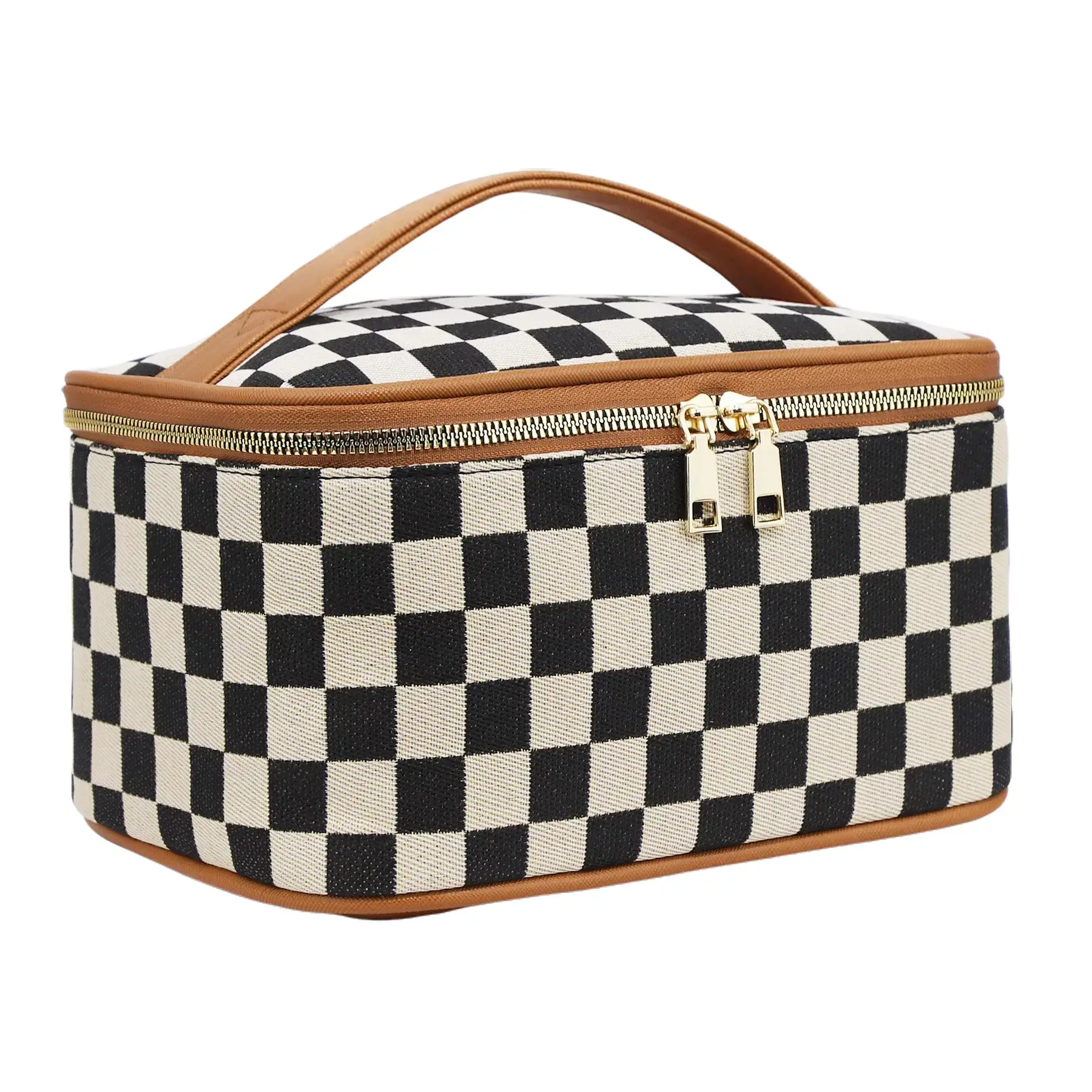 Large Capacity Checkered PU Leather Makeup Bag – Waterproof Travel Toiletry Organizer