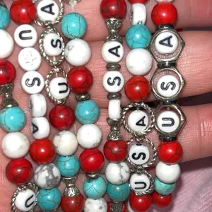 Hippy Dave Emerald Jade Kyanite Malaysian Jade Stones Bracelet with Red White Blue Beads USA Charms Handcrafted Jewelry