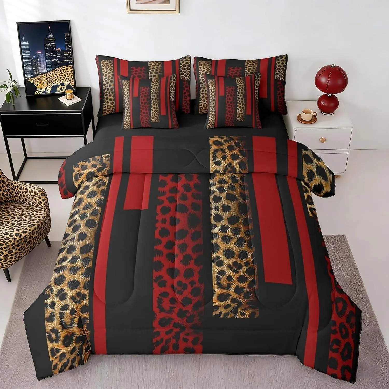 African Cheetah Comforter Set,Wild Leopard Print 7 Piece Bed Set,Geometric Red Rectangle Bed in a Bag Bedding Set with Comforter,Sheet Set,Pillowcases,Pillow Covers