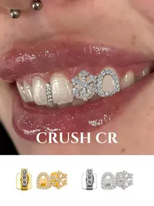 CRUSH CR 14K Gold Plated Iced Out Snowflake Star Hollow-Out Dual Tooth Grillz Set Paved with 5A CZ Stones in Gold/Silver Option Perfect for women girls at winter holiday parties Christmas dinners New Year’s Eve celebrations festive TikTok content creation
