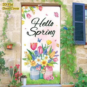 2D Door Banner, 1pc, Party Packs, Hello Spring Door Cover Spring Floral Jar Door Backdrop Decor Colorful Flower Butterfly Hanging Seasonal Door Banner for Spring Easter Party Decor Supplies, Party Decorations Banners