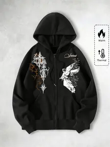 Dark Thorn + Angel Design Original Geometric Print Zipper Hoodie, Fashion Street Style, Streetwear, Sweatshirts, Perfect for Everyday, Casual Occasions, School Choice