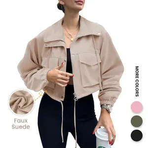Aswulk Womens Cropped Jacket Faux Suede Zip Up Oversized Anorak Coats with Pockets Utility Jackets