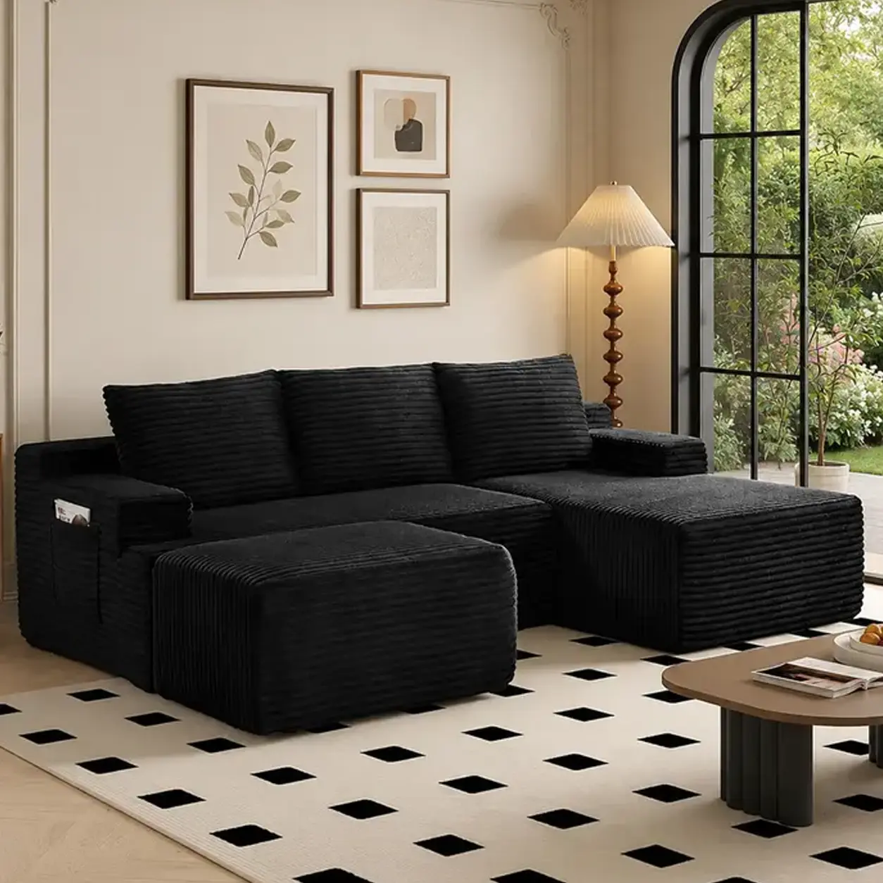 [2 Packages Shipping] Oversized Boneless Curved Sectional Couch with Chaise, Fully Assembled Modular Cloud Sofa with Ottoman, Plush Corduroy Memory Foam Sofa Bed for Living Room, Boneless Curved Sofa