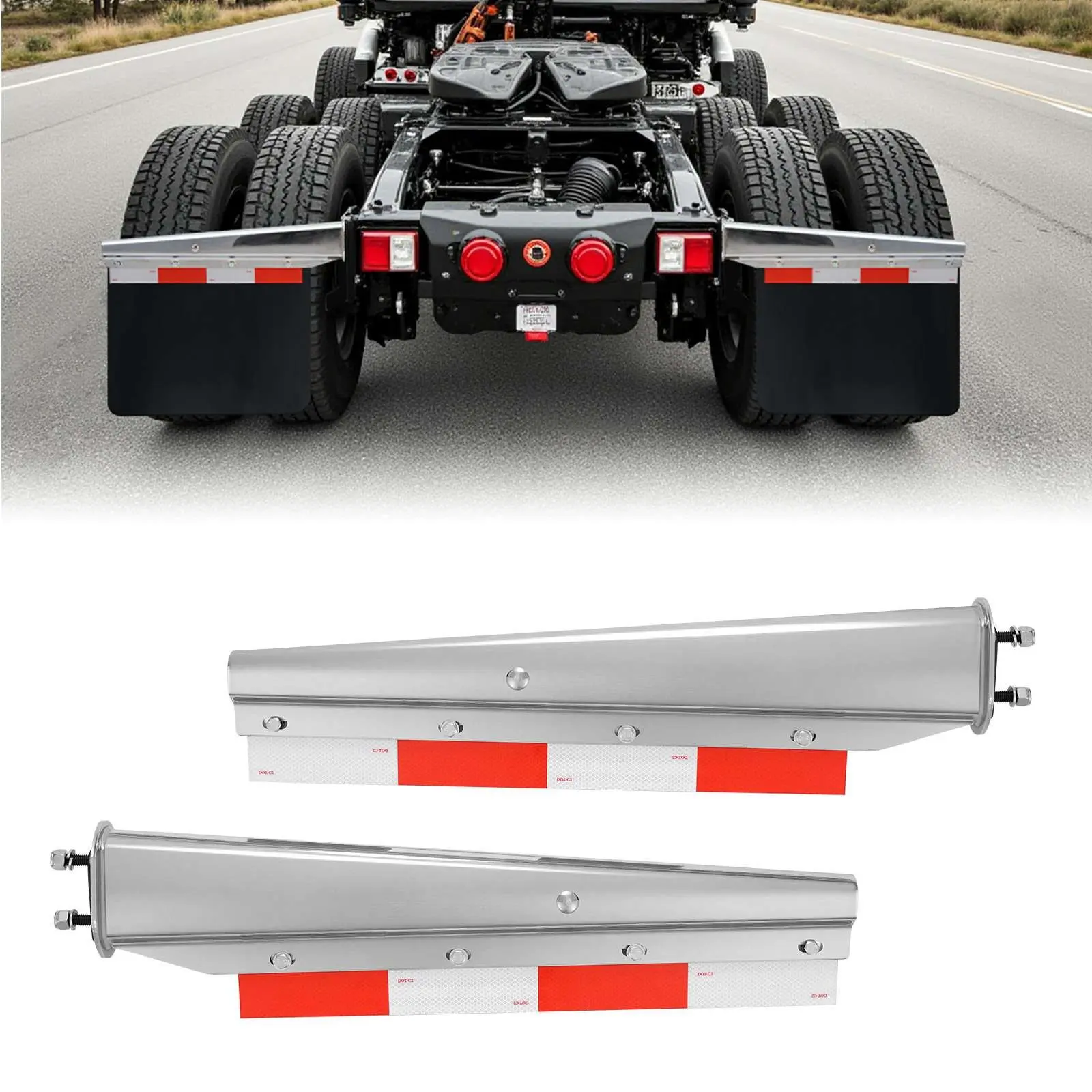 【DealsForYouDays】VEVOR Chrome Straight Spring Loaded Mud Flap Hangers, 2-1/2" Bolt Spacing Mudflap Hangers for Semi Trucks, 1 Pair Heavy Duty Semi Truck Mud Flap Hanger Set with Aluminum Reflective Plates, Silver Tires Vehicle