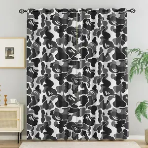 Streetwear Black-White Ape Head ABC Camouflage Blackout Thermal Insulated Curtain 2Pcs/Set, No Drill Ring Design, Washable Fabric, Suitable for Bedroom Living Room Dorm Thermal Insulation, UV Protection, Multifunctional Home Decor