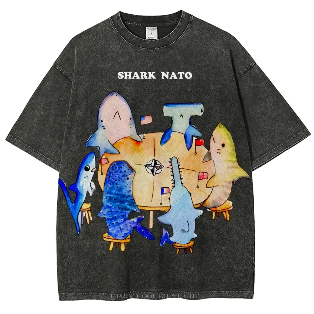 Shark Meeting Unisex Vintage Washed Tee, Oversized 5XL Graphic Shirt, Menswear, Womenswear Fit Top