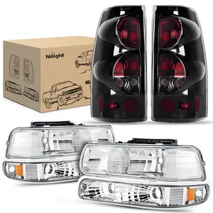 Nilight Headlight and Taillight Assembly Combo Compatible with 1999 2000 2001 2002 Chevy Silverado 1500 2500 2001 2002 Chevy Silverado 1500HD 2500HD 3500 OE Style Chrome Housing Amber Reflector Smoke Car Accessories Bulbs