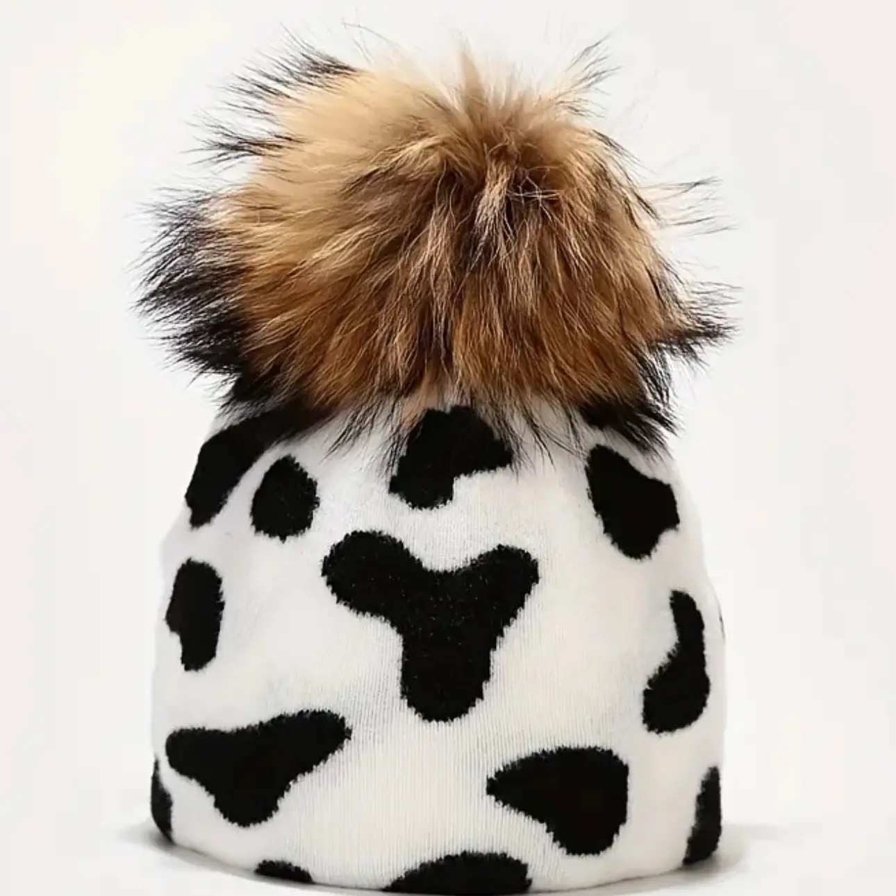 Cow Print Beanie with Fur Ball for Women - Fashion Accessory