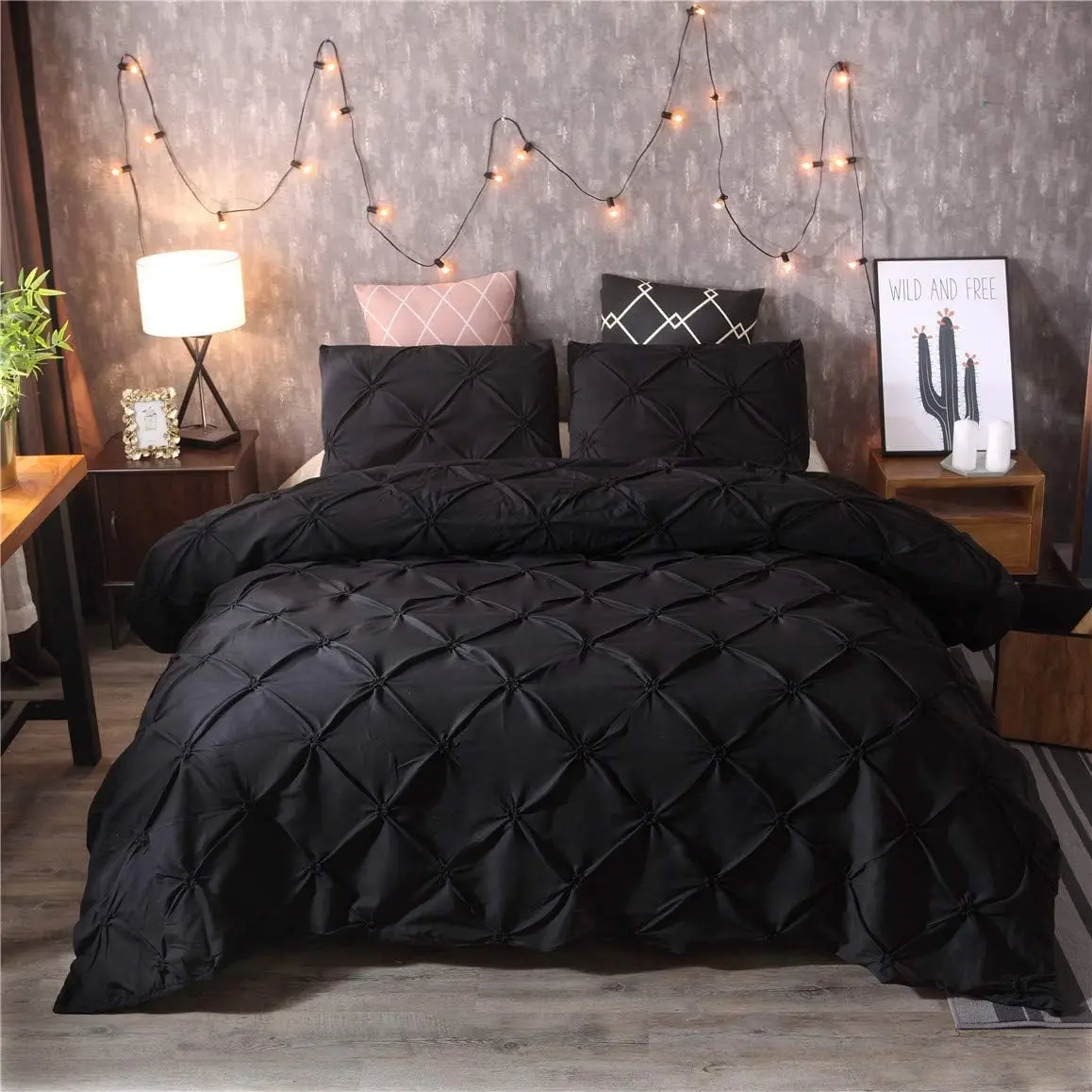 Feelyou Pinch Pleated Duvet Cover Set - Luxurious Breathable Microfiber Solid Black Pintuck Tufted Quilt Cover, Machine Washable Duvet Set, No Comforter, Duvet Cover Sets
