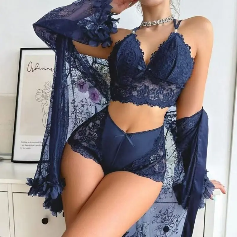 Women's Sexy Lace Lingerie Set - Matching Short Cardigan, Comfortable Breathable Fabric, Elegant Understated Luxury Fit for Romantic Evenings, Bottom, Outerwear, Mesh, Top, Floral, Bow Detailing