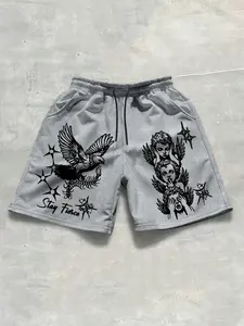 Men's Casual Loose-Fitting Drawstring Shorts, Graphic Print Shorts, Graphic Angel Portrait & Bird Thorn Pattern, Starburst Decoration, Comfortable Wear for Weekend Dates, Streetwear Fashion, Comfy Shorts