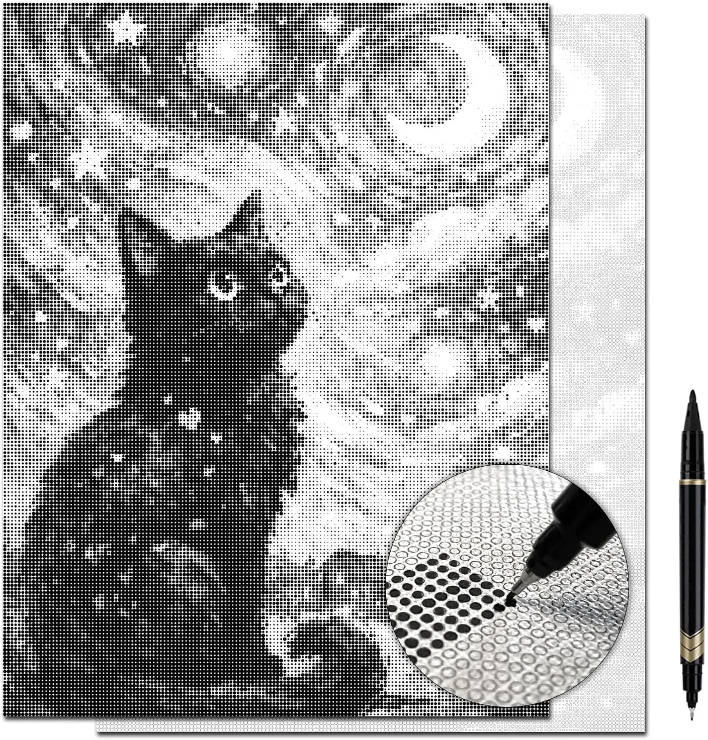 Starry Night Black Cat & Moon Dot Painting Kit for Adults — 13×17 Canvas with Dual-Tip Marker