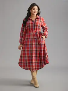 BLOOMCHIC Red Plaid Button Detail Pocket Belted Arc Hem Midi Dress Regular Fit Long Sleeve Shirt Collar Winter Multicolor Fashion Casual Wear Women's Fitted Elegant Sundress Womenswear